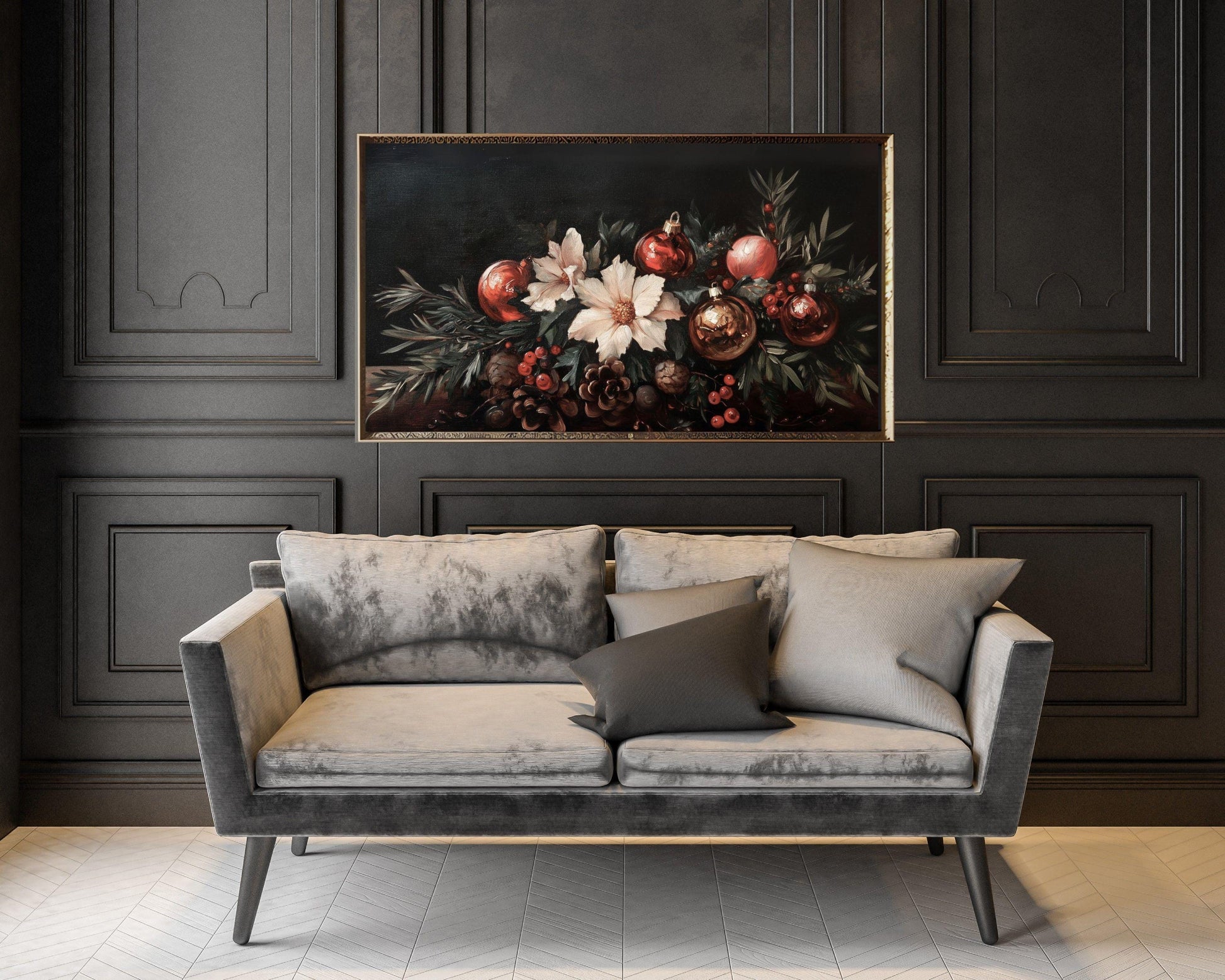 FRAME TV art Moody Christmas Florals, Samsung Frame tv art vintage style flower still life painting, Dark red Christmas decor | TV536