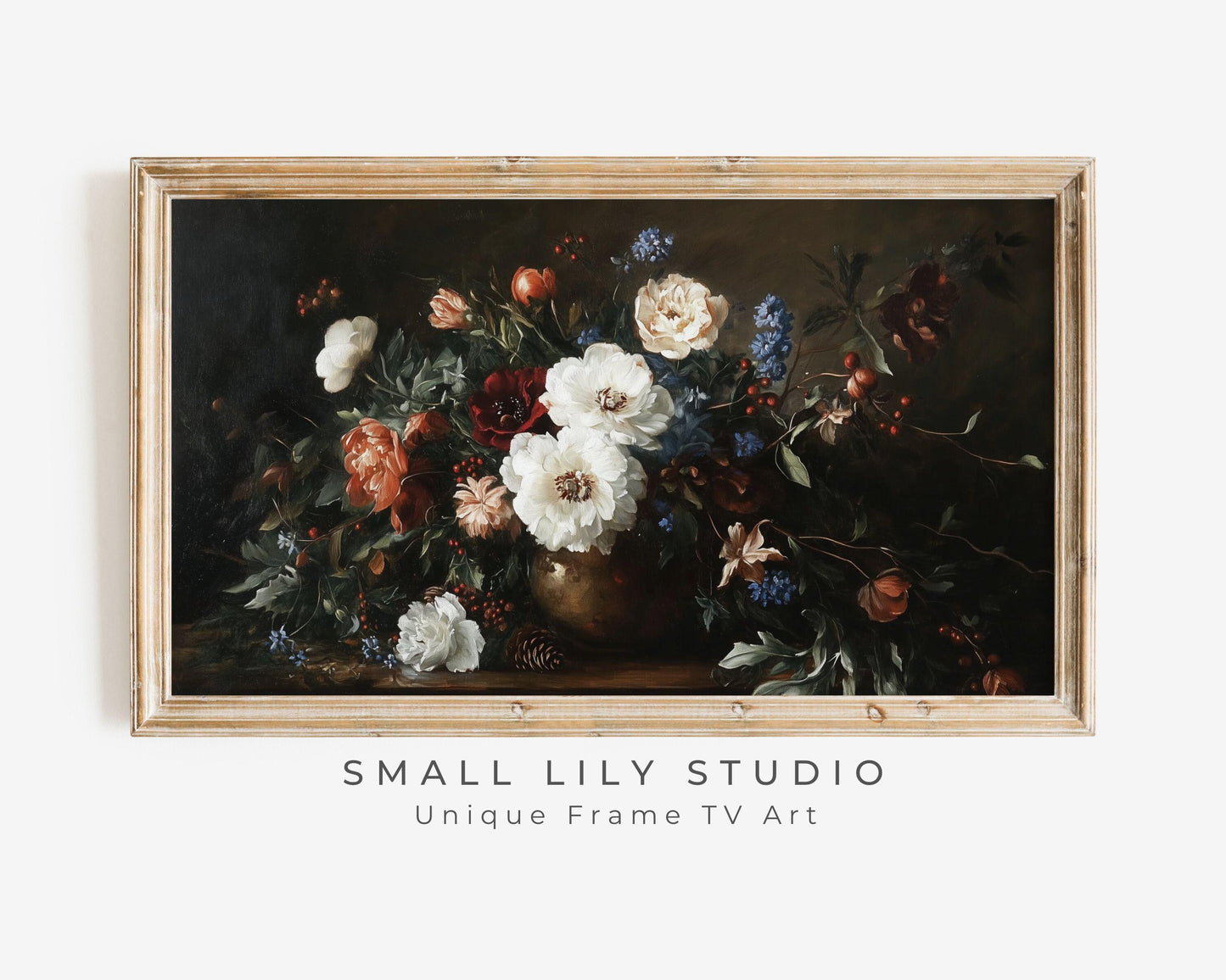 FRAME TV art Moody Flowers and Berries, Samsung Frame tv art vintage style floral still life painting, Dark black Fall Winter decor | TV538