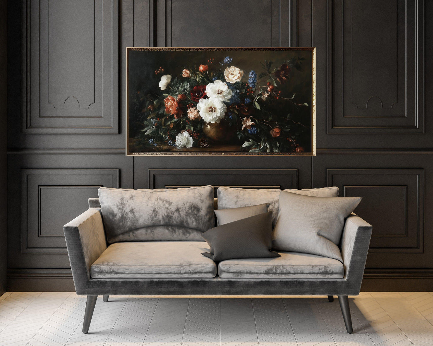 FRAME TV art Moody Flowers and Berries, Samsung Frame tv art vintage style floral still life painting, Dark black Fall Winter decor | TV538