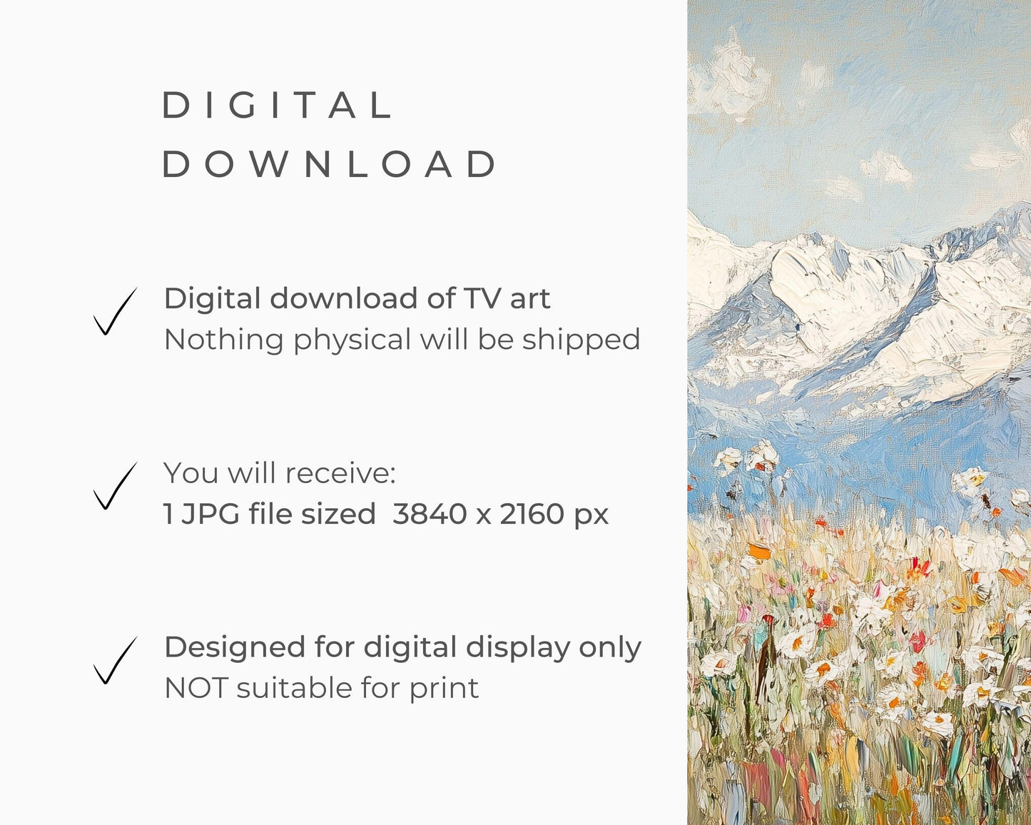 FRAME TV Art Winter Wildflowers, Samsung Frame TV Art Swiss Alps Snowy Mountains, Vintage Style Textured Landscape Painting | TV527