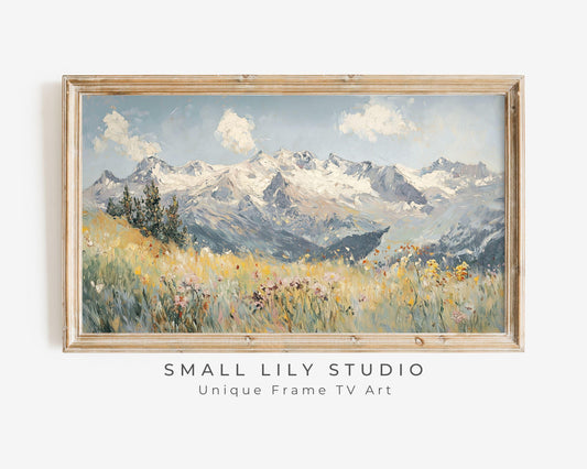 FRAME TV Art Wildflowers in the Alps, Winter Samsung Frame TV Art Swiss Snowy Mountains, Vintage Style Textured Landscape Painting | TV528