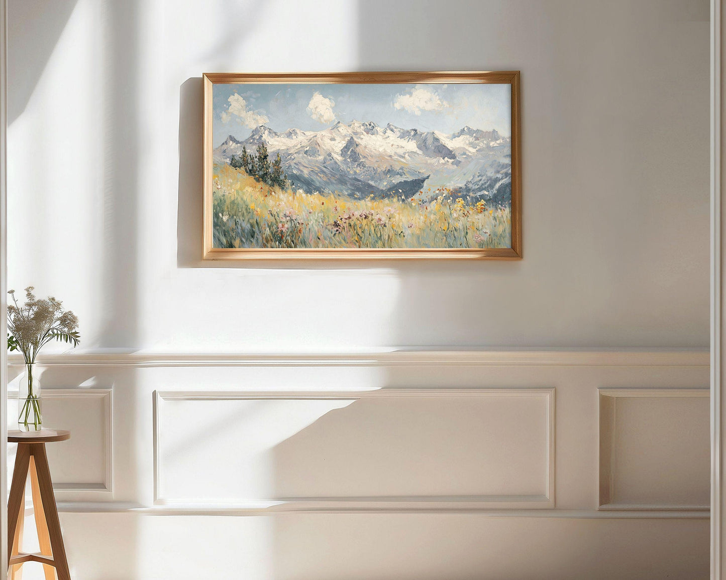 FRAME TV Art Wildflowers in the Alps, Winter Samsung Frame TV Art Swiss Snowy Mountains, Vintage Style Textured Landscape Painting | TV528