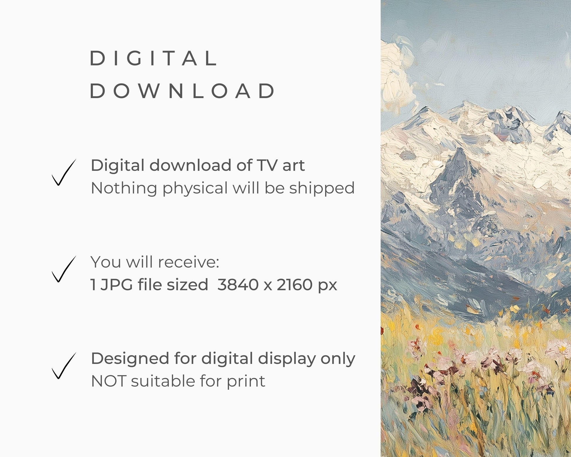 FRAME TV Art Wildflowers in the Alps, Winter Samsung Frame TV Art Swiss Snowy Mountains, Vintage Style Textured Landscape Painting | TV528