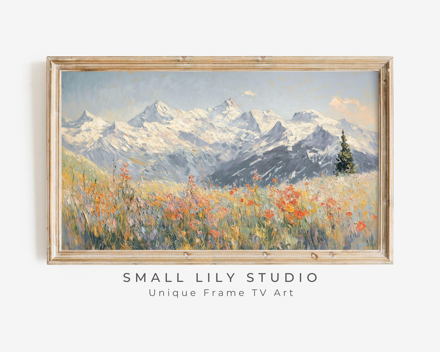 FRAME TV Art Red Alpine Wildflowers, Winter Samsung Frame TV Art Swiss Snowy Mountains, Vintage Style Textured Landscape Painting | TV529