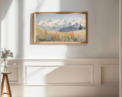 FRAME TV Art Red Alpine Wildflowers, Winter Samsung Frame TV Art Swiss Snowy Mountains, Vintage Style Textured Landscape Painting | TV529