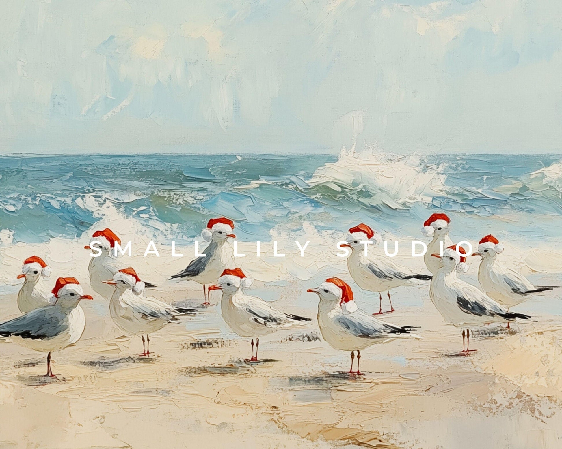 FRAME TV art Seagulls in Santa Hats on Beach, Coastal Christmas Samsung Frame tv art, Fun Cute Summer Tropical Xmas picture for kids | TV532