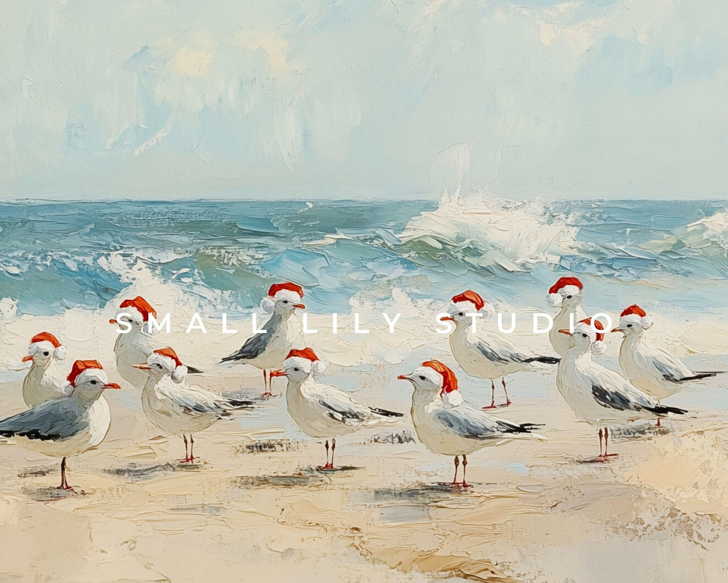 Seagulls in Santa Hats on Beach Frame TV Art