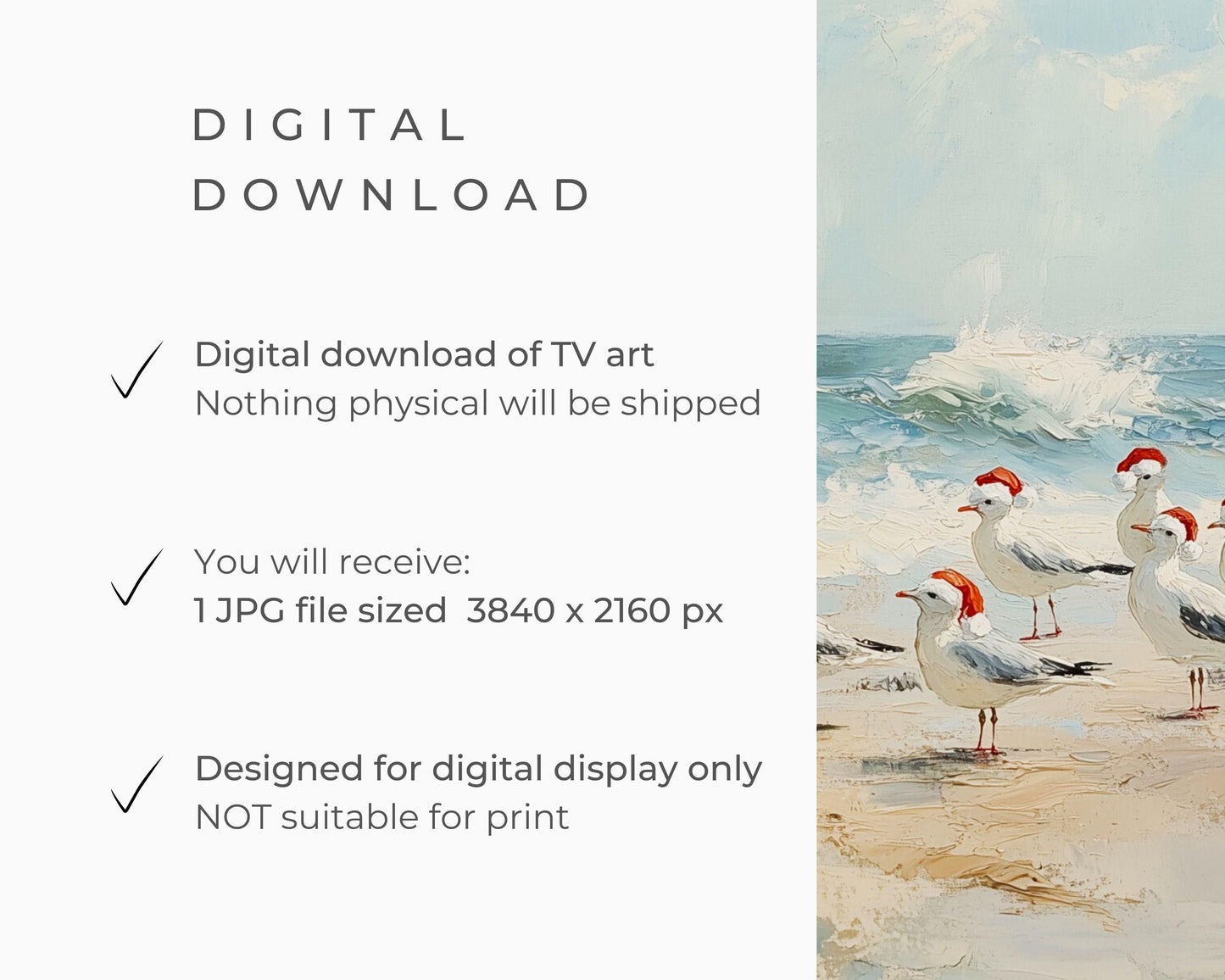 FRAME TV art Seagulls in Santa Hats on Beach, Coastal Christmas Samsung Frame tv art, Fun Cute Summer Tropical Xmas picture for kids | TV532