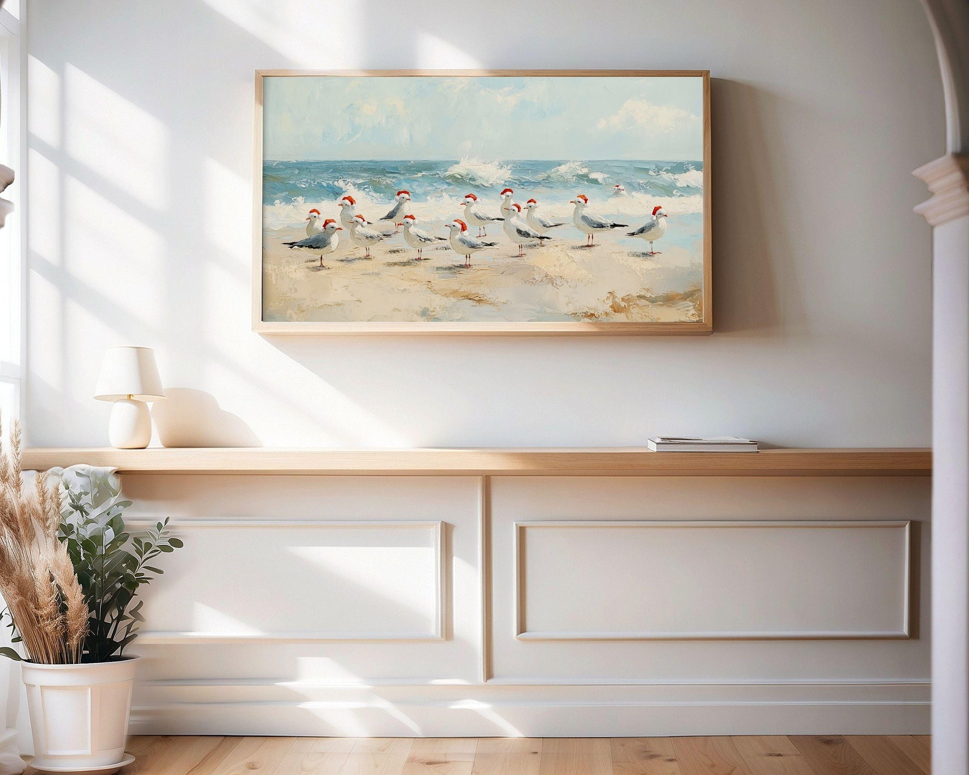 Seagulls in Santa Hats on Beach Frame TV Art