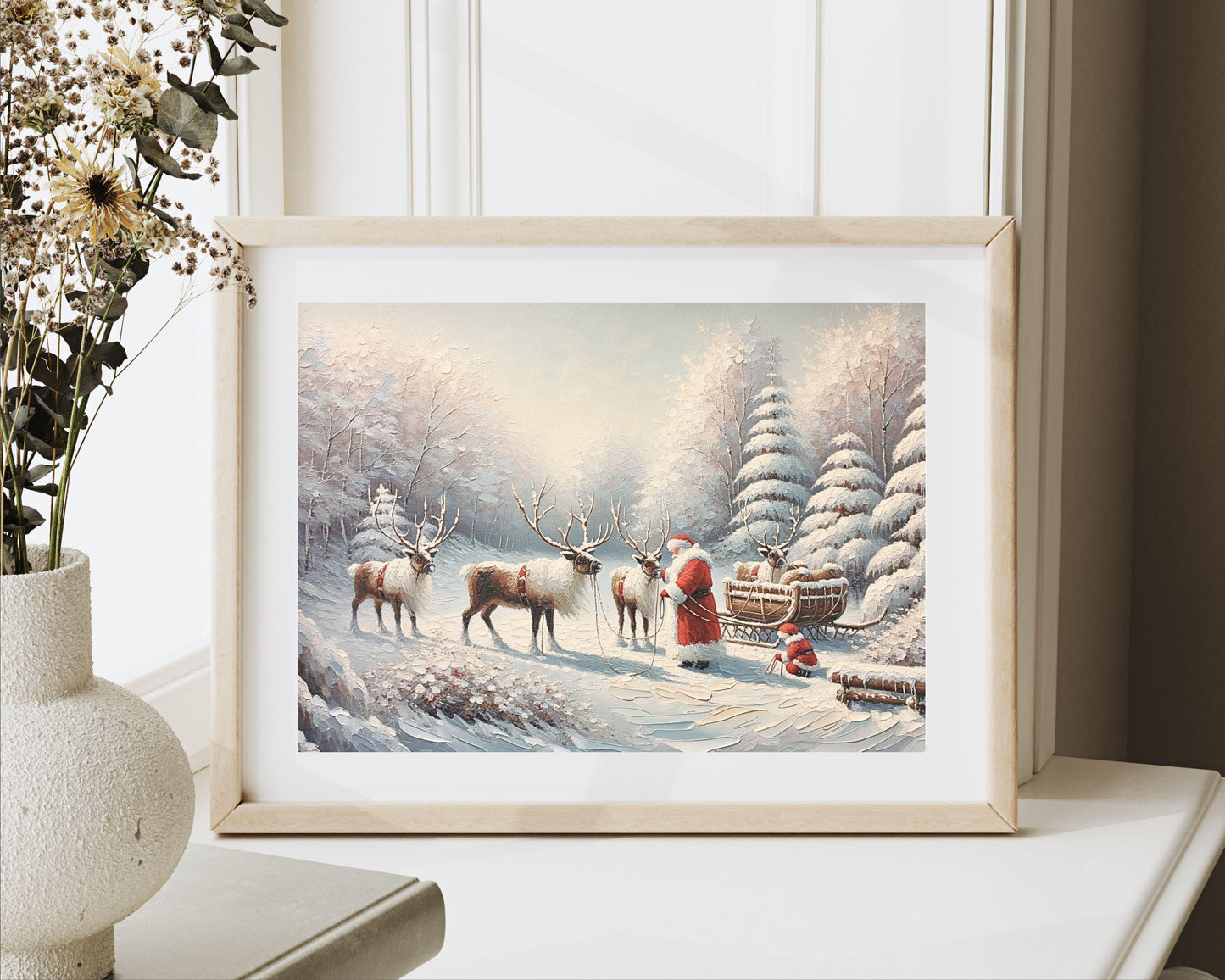 PRINTABLE Santa and Reindeer Print, Vintage Style Christmas Wall Art Textured Painting, Cute pink winter wonderland picture for kids | P093