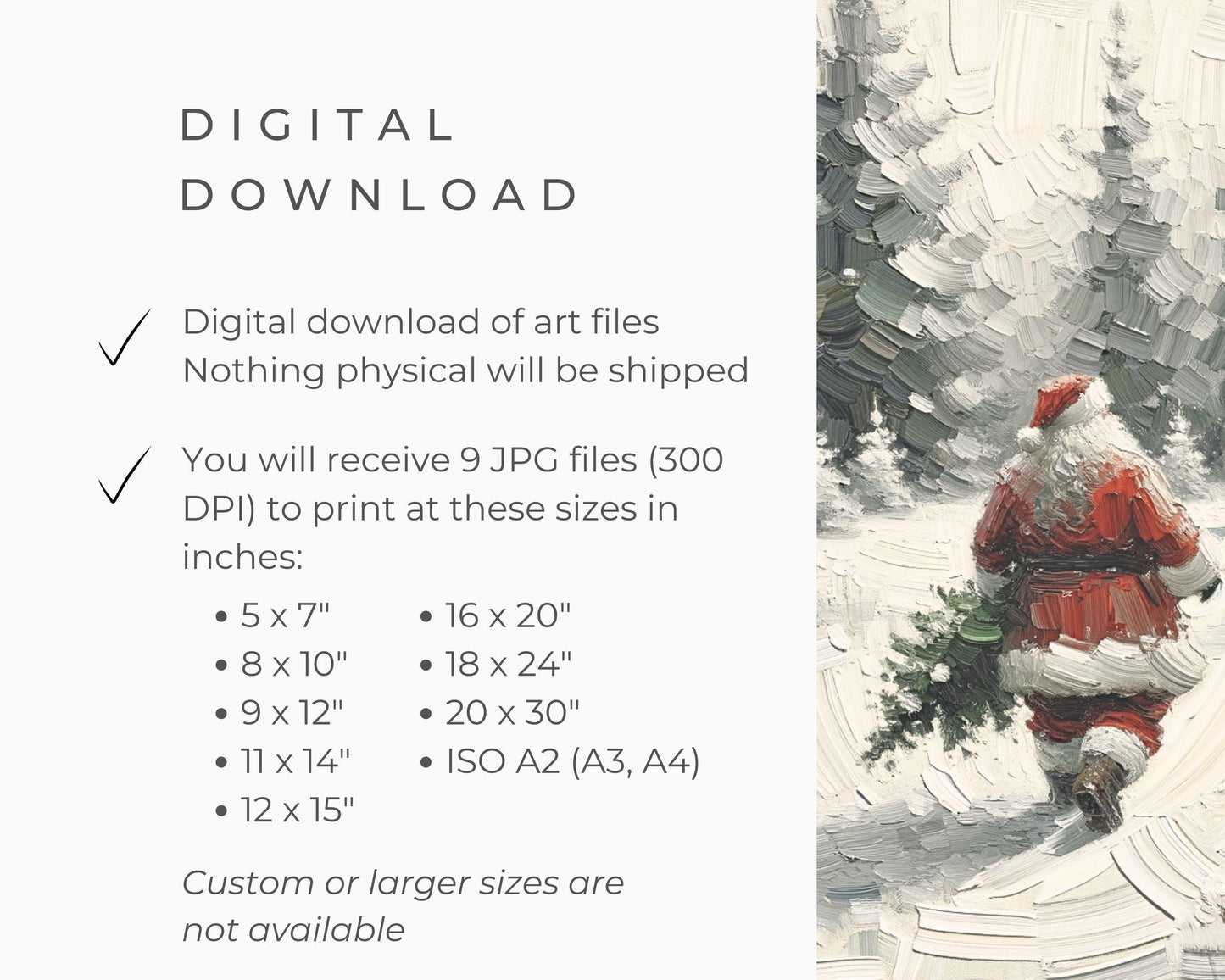 PRINTABLE Santa Walking in Snow Print, Vintage Style Xmas Wall Art for kids, Neutral white winter landscape textured painting | P095