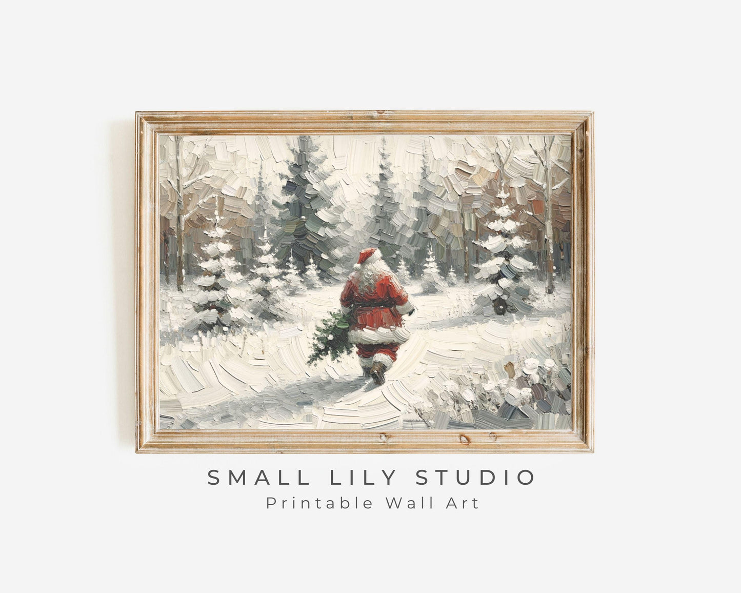 PRINTABLE Santa Walking in Snow Print, Vintage Style Xmas Wall Art for kids, Neutral white winter landscape textured painting | P095