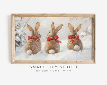 Christmas FRAME TV art Bunnies with Red Bows, Samsung Frame TV Art Cute Animal Picture for Kids, Winter Rabbits Tv Screensaver | TV513