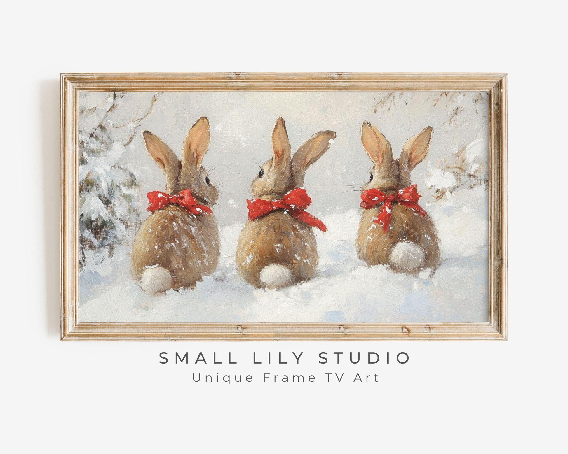 Christmas Bunnies with Red Bows Frame TV Art