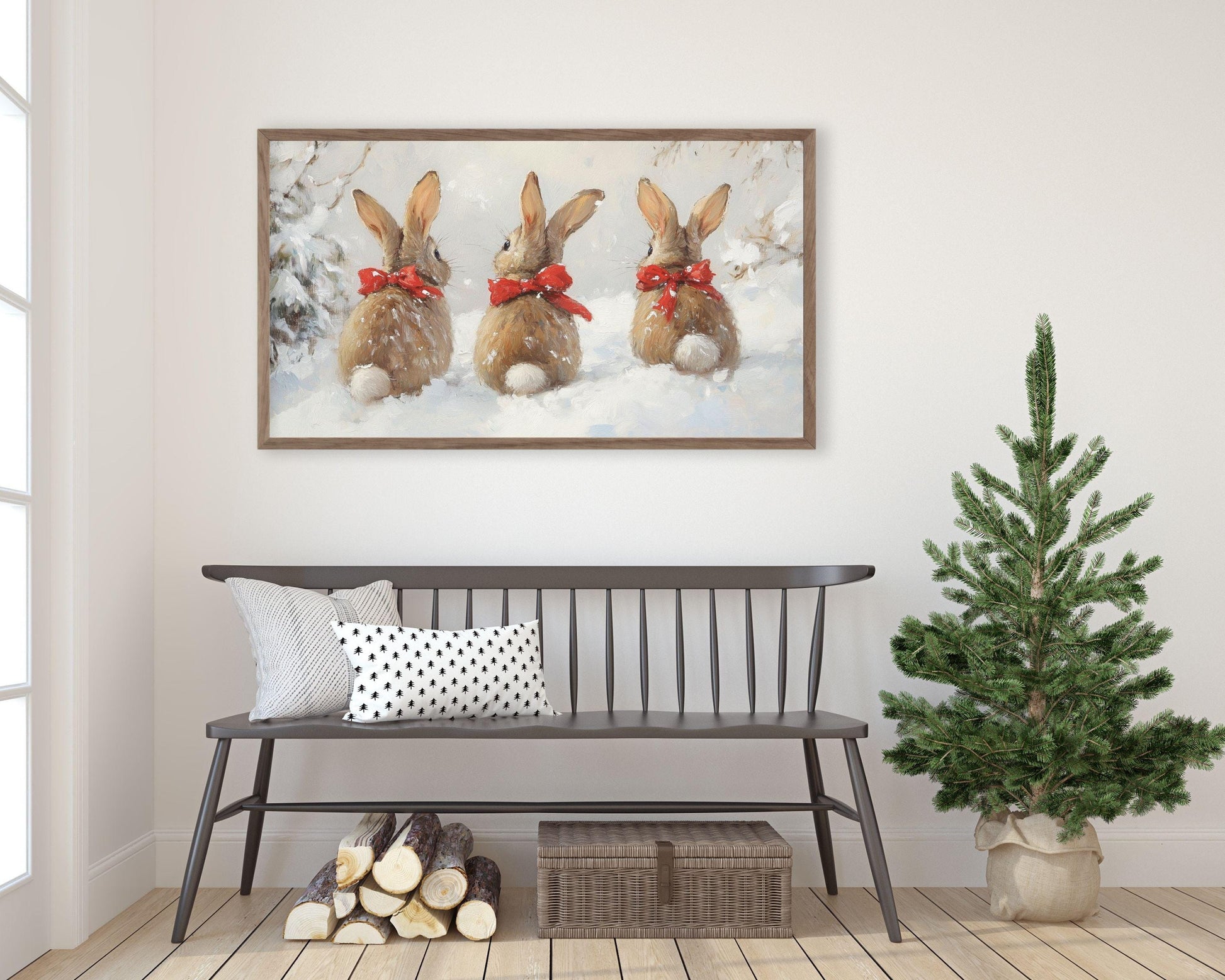 Christmas Bunnies with Red Bows Frame TV Art
