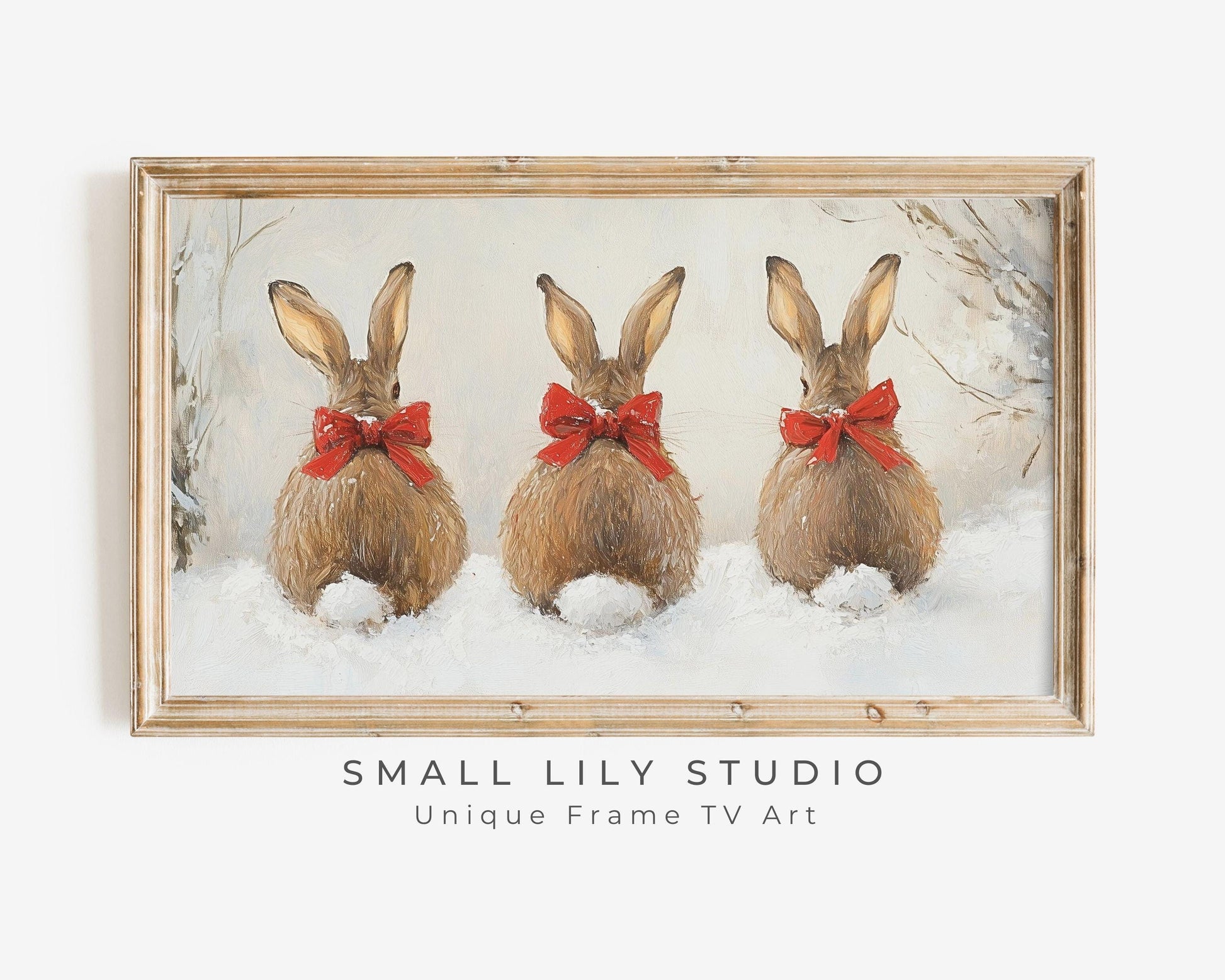 Christmas FRAME TV art Bunnies with Bows, Samsung Frame TV Art Cute Animal Picture for Kids, Winter Rabbits in Snow Tv Screensaver | TV514