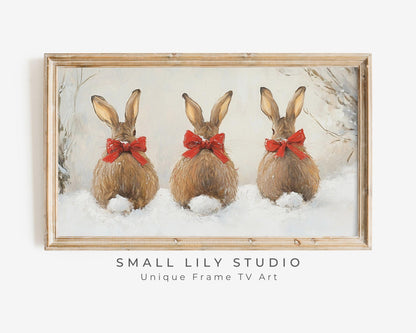 Christmas FRAME TV art Bunnies with Bows, Samsung Frame TV Art Cute Animal Picture for Kids, Winter Rabbits in Snow Tv Screensaver | TV514