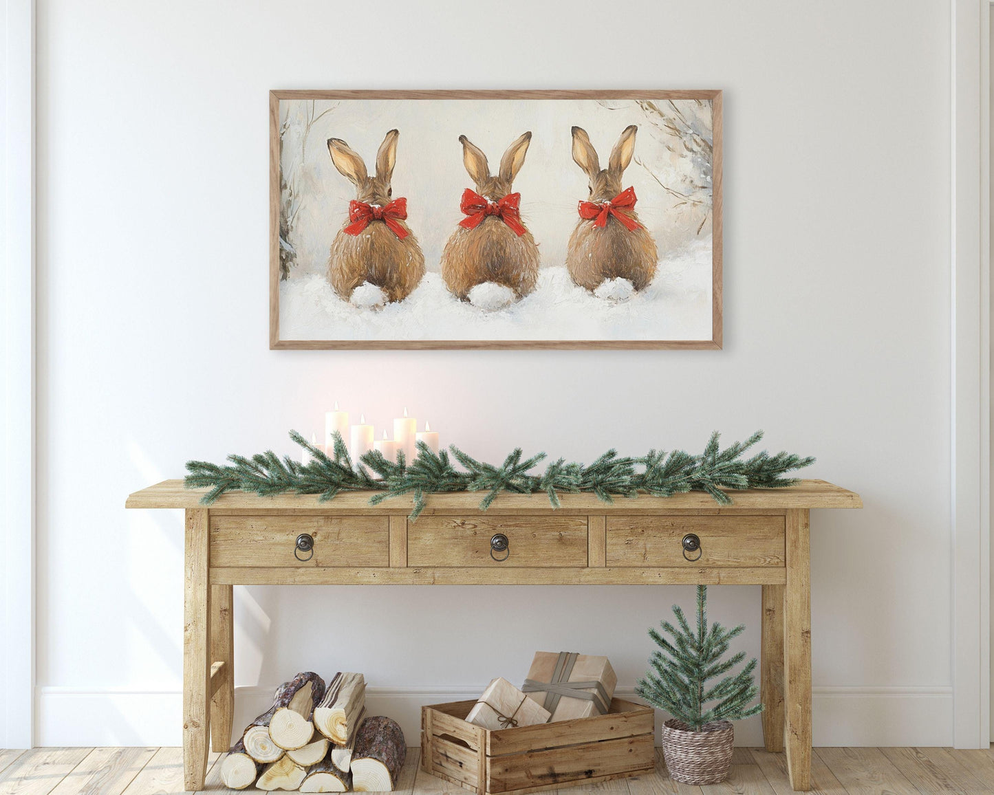 Christmas FRAME TV art Bunnies with Bows, Samsung Frame TV Art Cute Animal Picture for Kids, Winter Rabbits in Snow Tv Screensaver | TV514