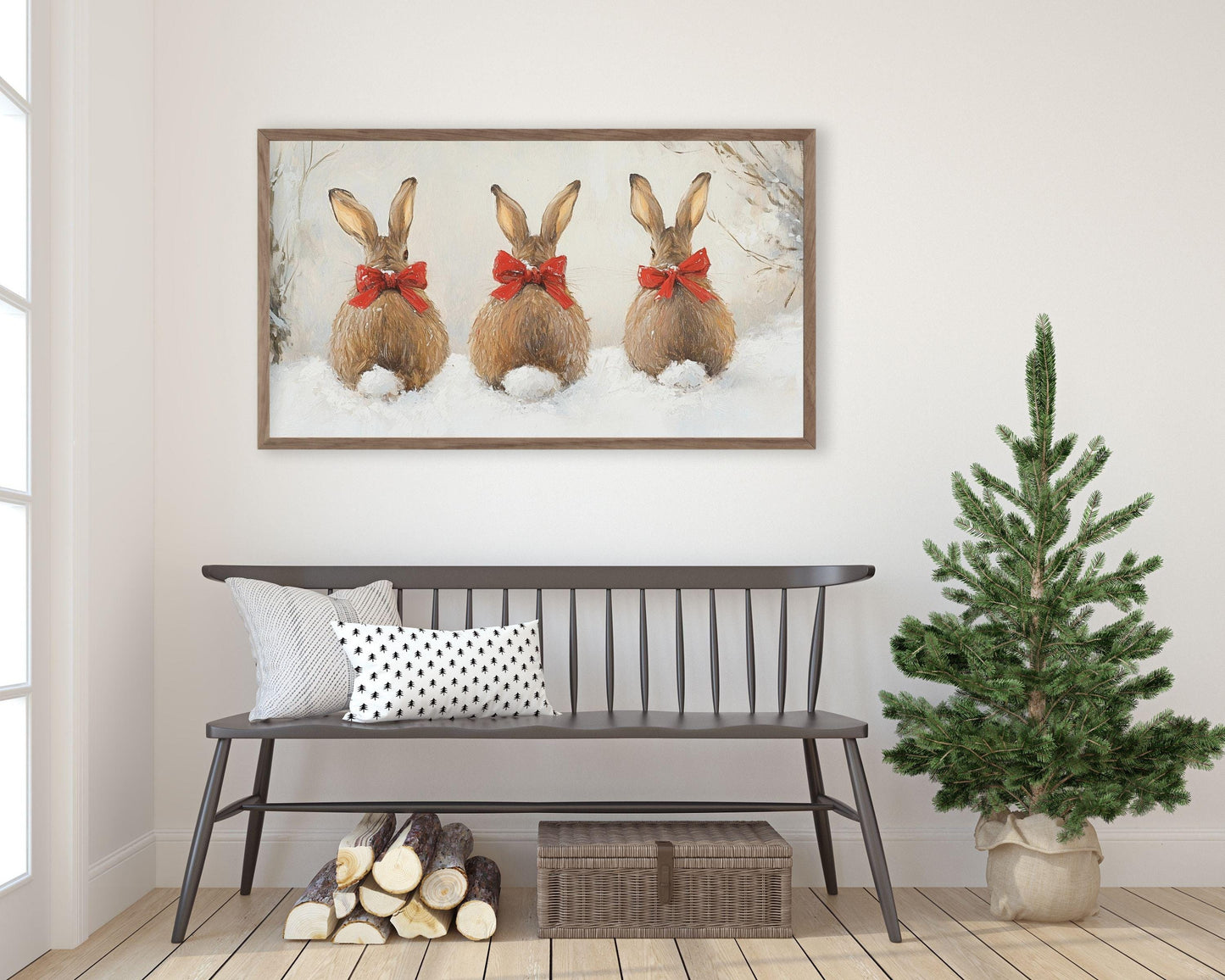Christmas Bunnies with Bows Frame TV Art