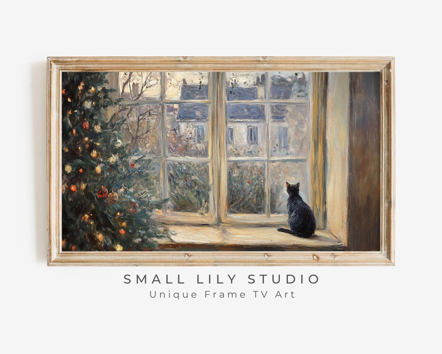 Christmas FRAME TV art Cat Looking Out Window, Samsung Frame TV art Christmas Tree Rustic House, Neutral Vintage Style Xmas painting | TV517