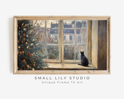 Christmas Cat Looking Out Window Frame TV Art