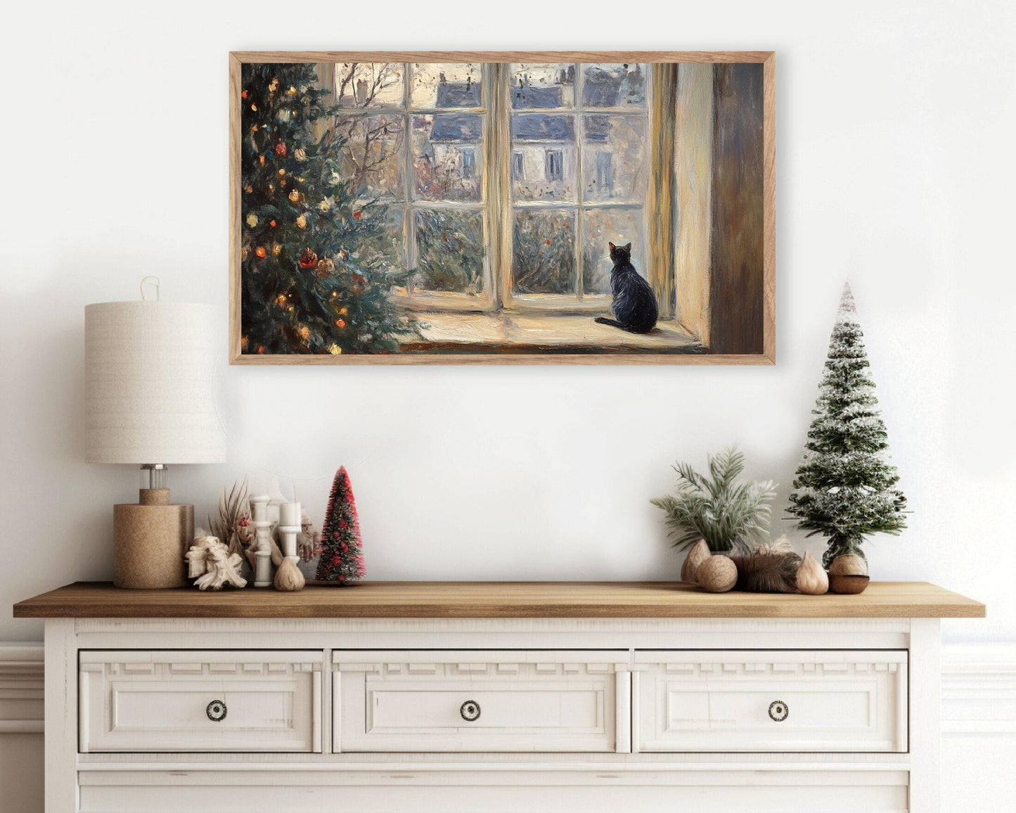 Christmas FRAME TV art Cat Looking Out Window, Samsung Frame TV art Christmas Tree Rustic House, Neutral Vintage Style Xmas painting | TV517