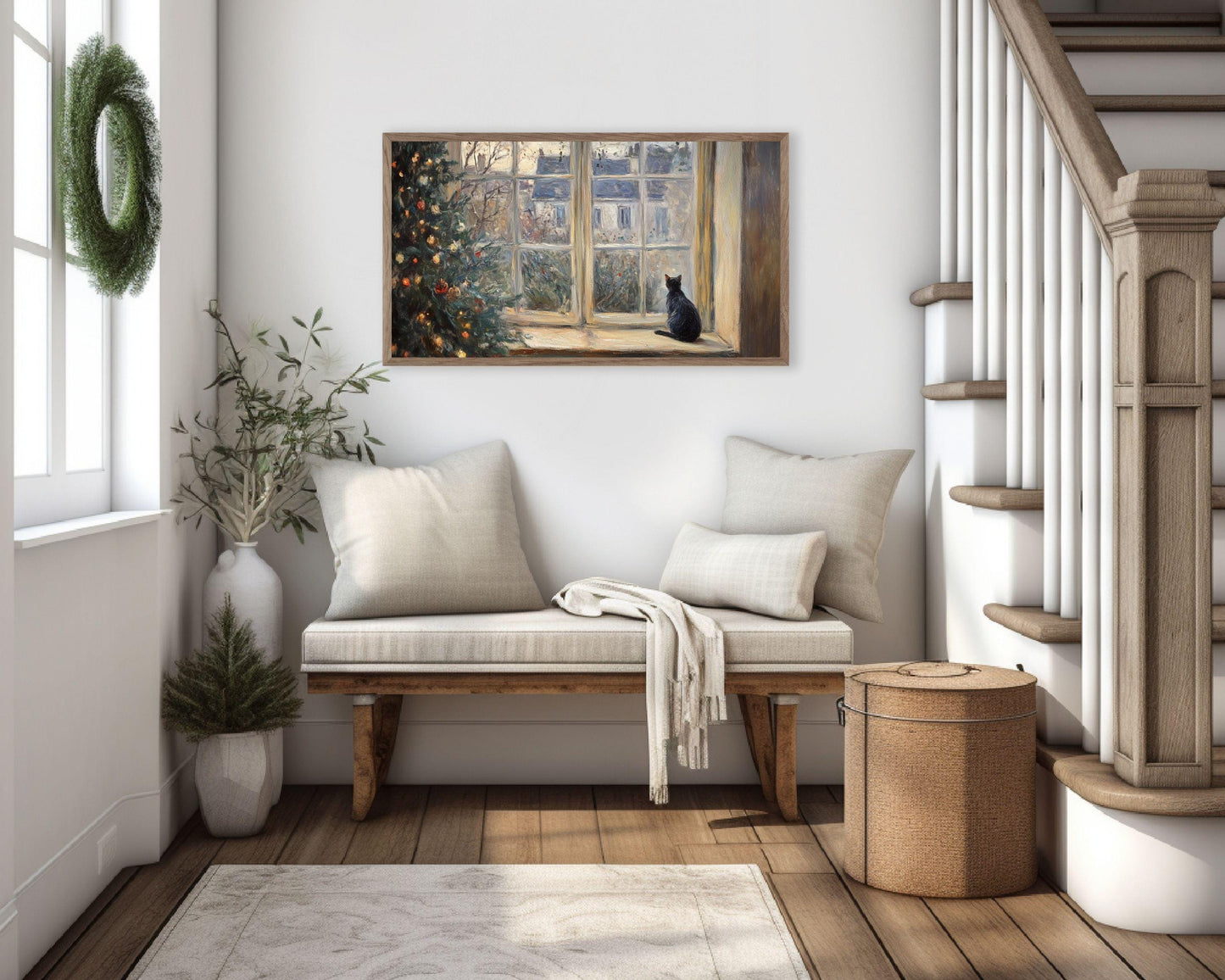 Christmas Cat Looking Out Window Frame TV Art