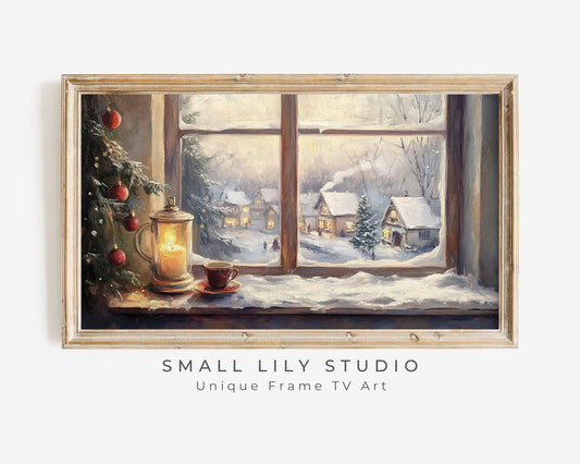 FRAME TV art Window to Christmas Village, Samsung Frame TV art Cozy Candle Vintage Style Painting, Xmas Winter Tv screensaver | TV518