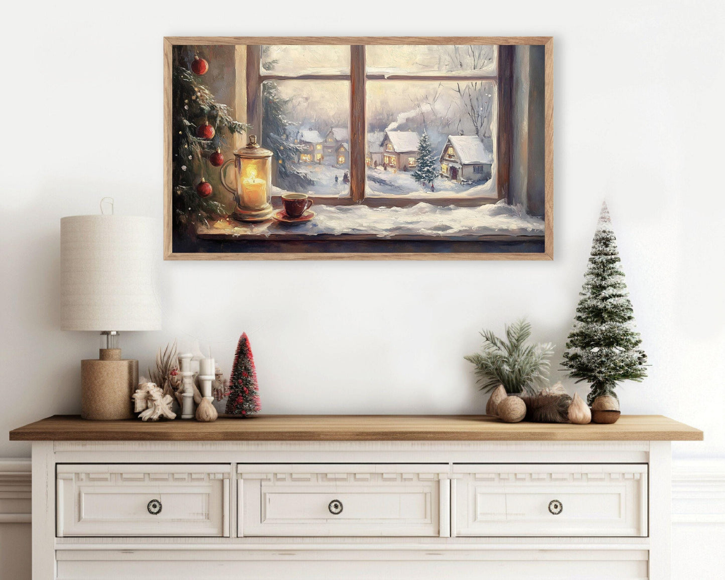 FRAME TV art Window to Christmas Village, Samsung Frame TV art Cozy Candle Vintage Style Painting, Xmas Winter Tv screensaver | TV518