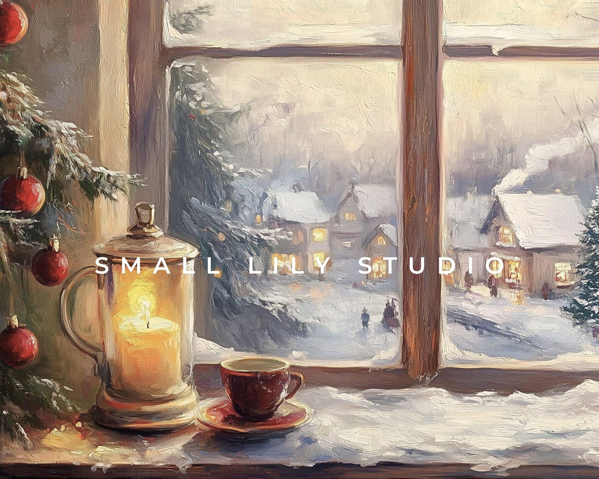 FRAME TV art Window to Christmas Village, Samsung Frame TV art Cozy Candle Vintage Style Painting, Xmas Winter Tv screensaver | TV518