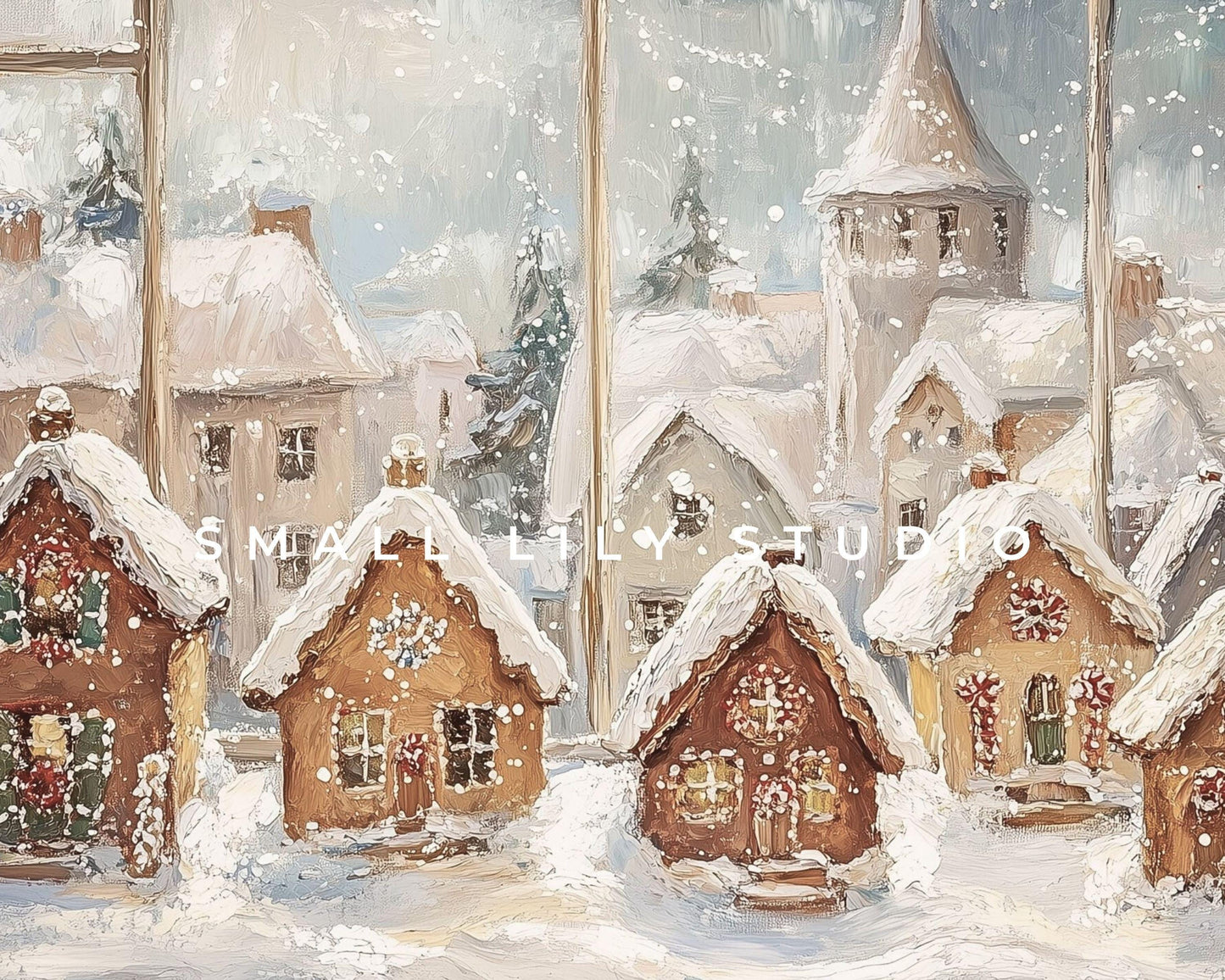 FRAME TV Art Christmas Window Gingerbread Houses, Samsung Frame TV Art Vintage Style Painting Festive Winter Scene Tv Screensaver | TV519