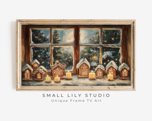 FRAME TV Art Gingerbread Houses on Window Sill, Christmas Night Samsung Frame TV Art Cute Festive, Cozy Xmas Tv Art Screensaver | TV520