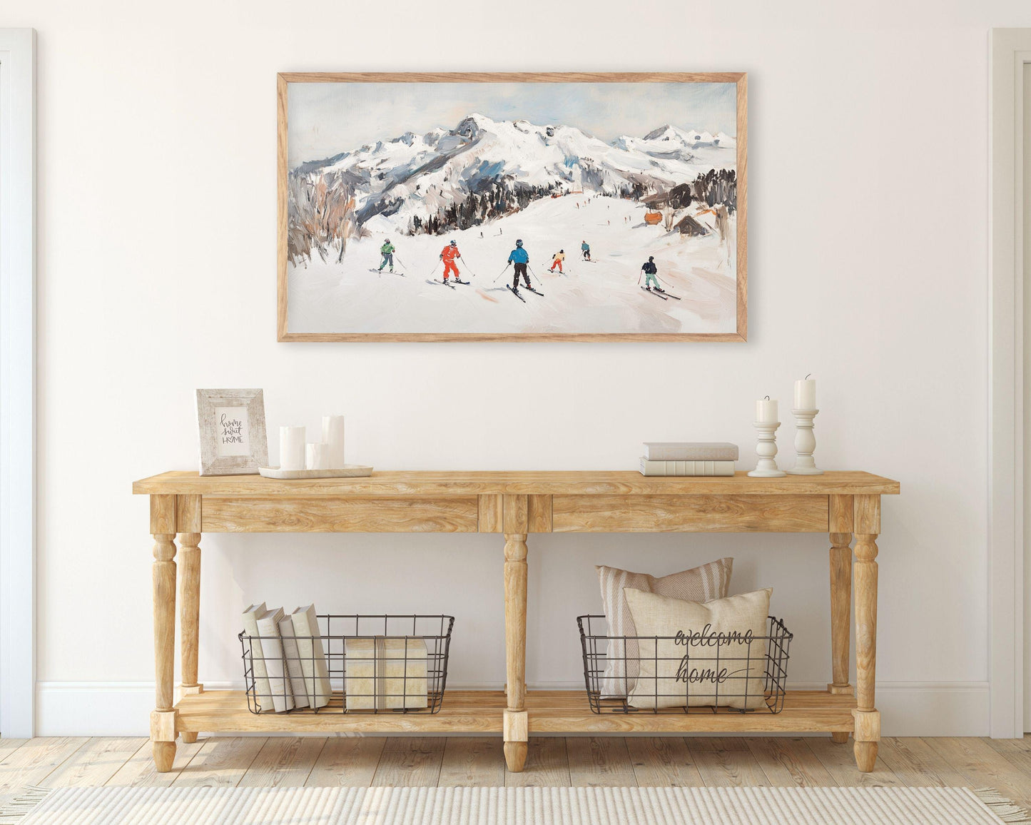 FRAME TV art Skiing in the Alps, Samsung Frame tv art Colorful Skiers, Winter Holidays in Snowy Mountains vintage style painting | TV524