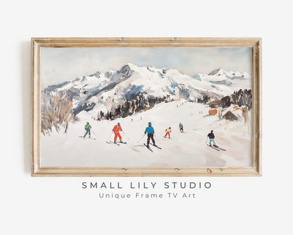 FRAME TV art Skiing in the Alps, Samsung Frame tv art Colorful Skiers, Winter Holidays in Snowy Mountains vintage style painting | TV524