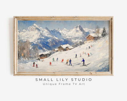 FRAME TV art Skiing Holiday, Samsung Frame tv art Colorful Skiers, Winter in Snowy Mountains vintage style painting Swiss Alps | TV525