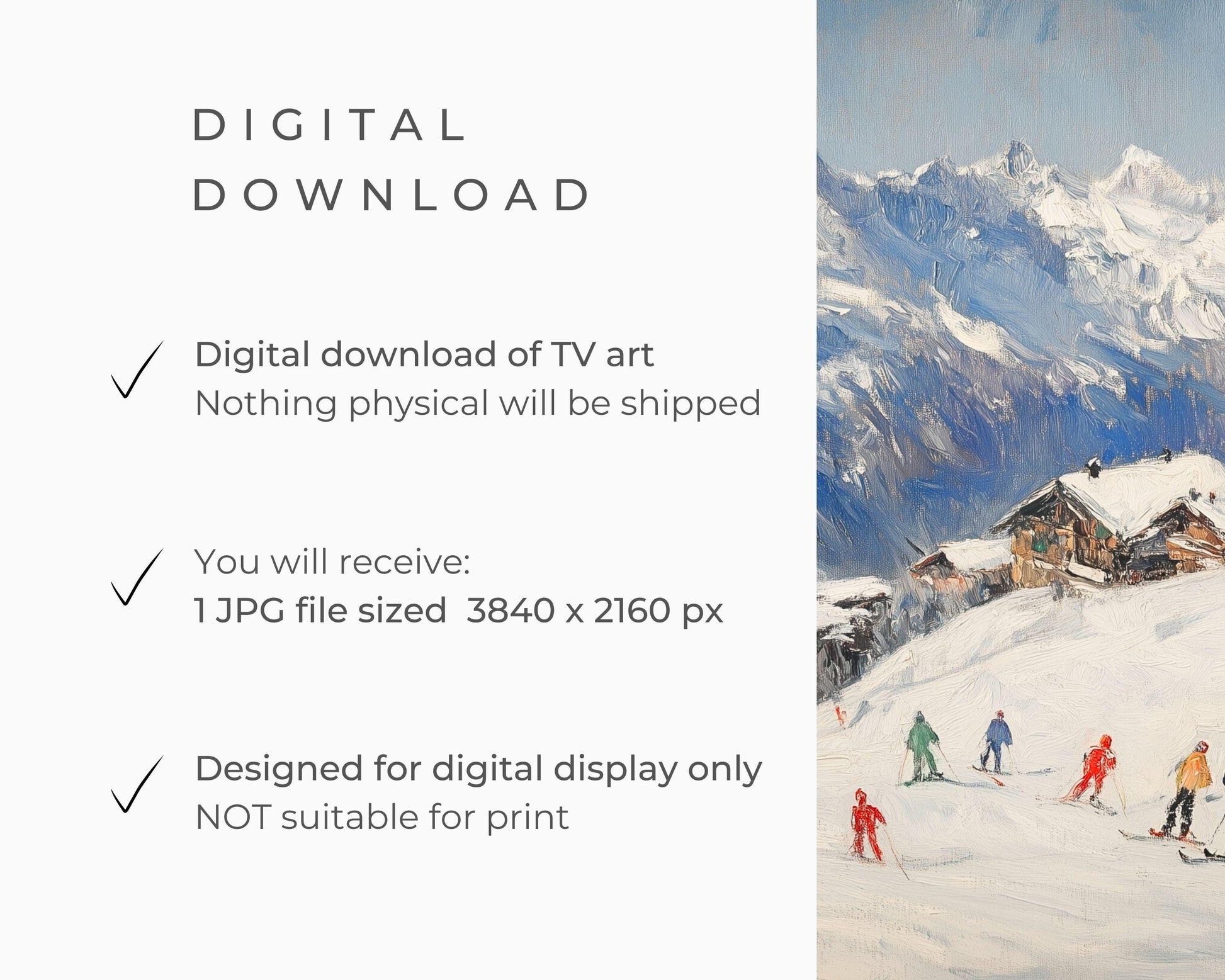 FRAME TV art Skiing Holiday, Samsung Frame tv art Colorful Skiers, Winter in Snowy Mountains vintage style painting Swiss Alps | TV525