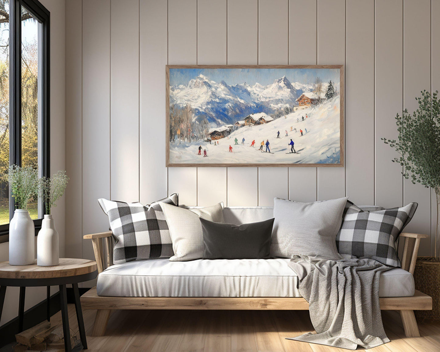 FRAME TV art Skiing Holiday, Samsung Frame tv art Colorful Skiers, Winter in Snowy Mountains vintage style painting Swiss Alps | TV525