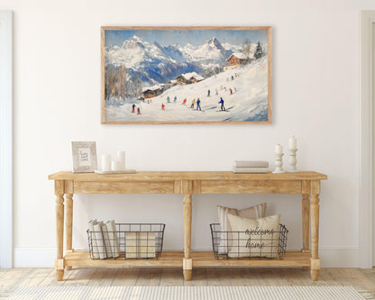 FRAME TV art Skiing Holiday, Samsung Frame tv art Colorful Skiers, Winter in Snowy Mountains vintage style painting Swiss Alps | TV525