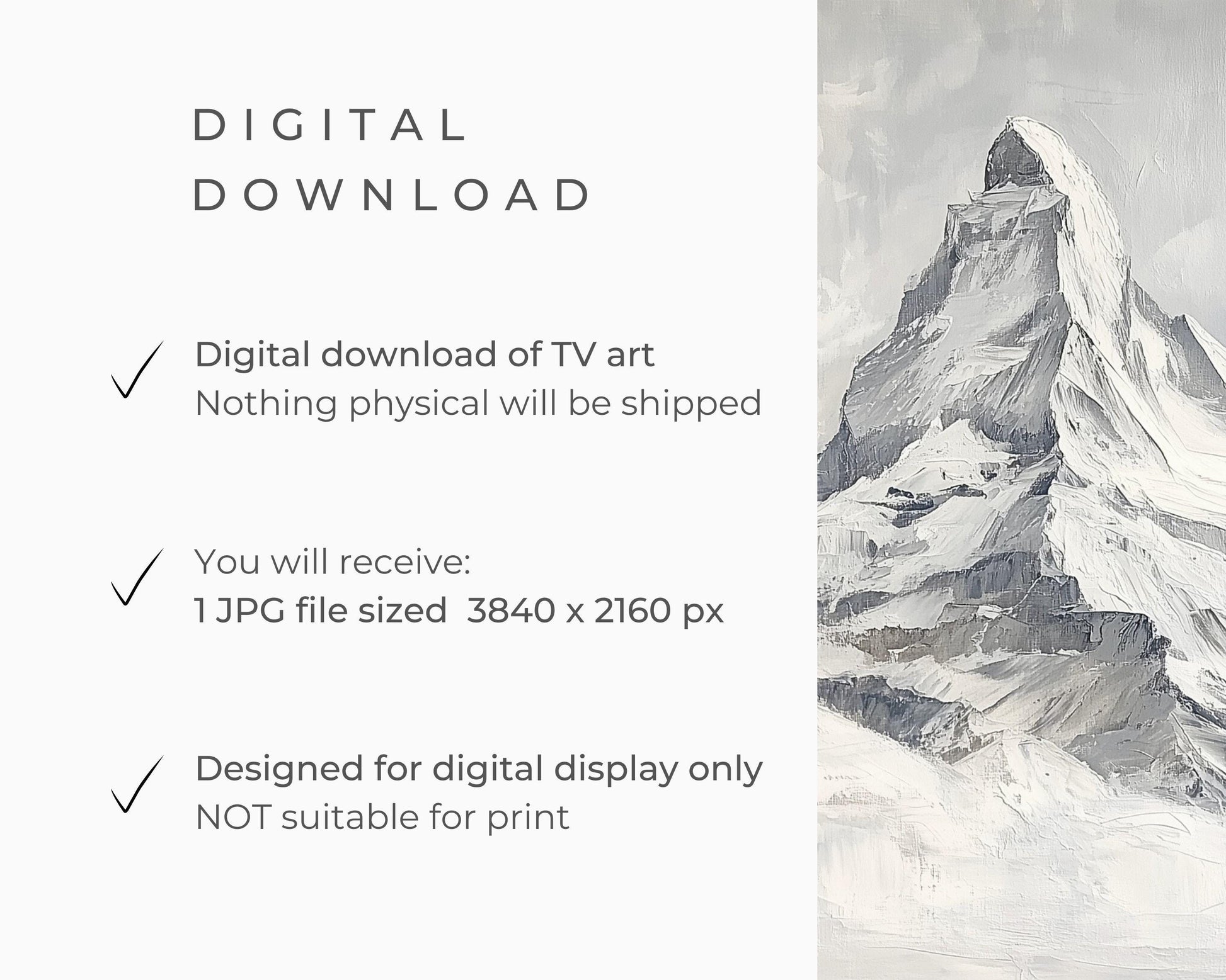 FRAME TV art Matterhorn Switzerland, Samsung Frame Tv art Winter Mountain Landscape, Textrued neutral vintage style painting white | TV526