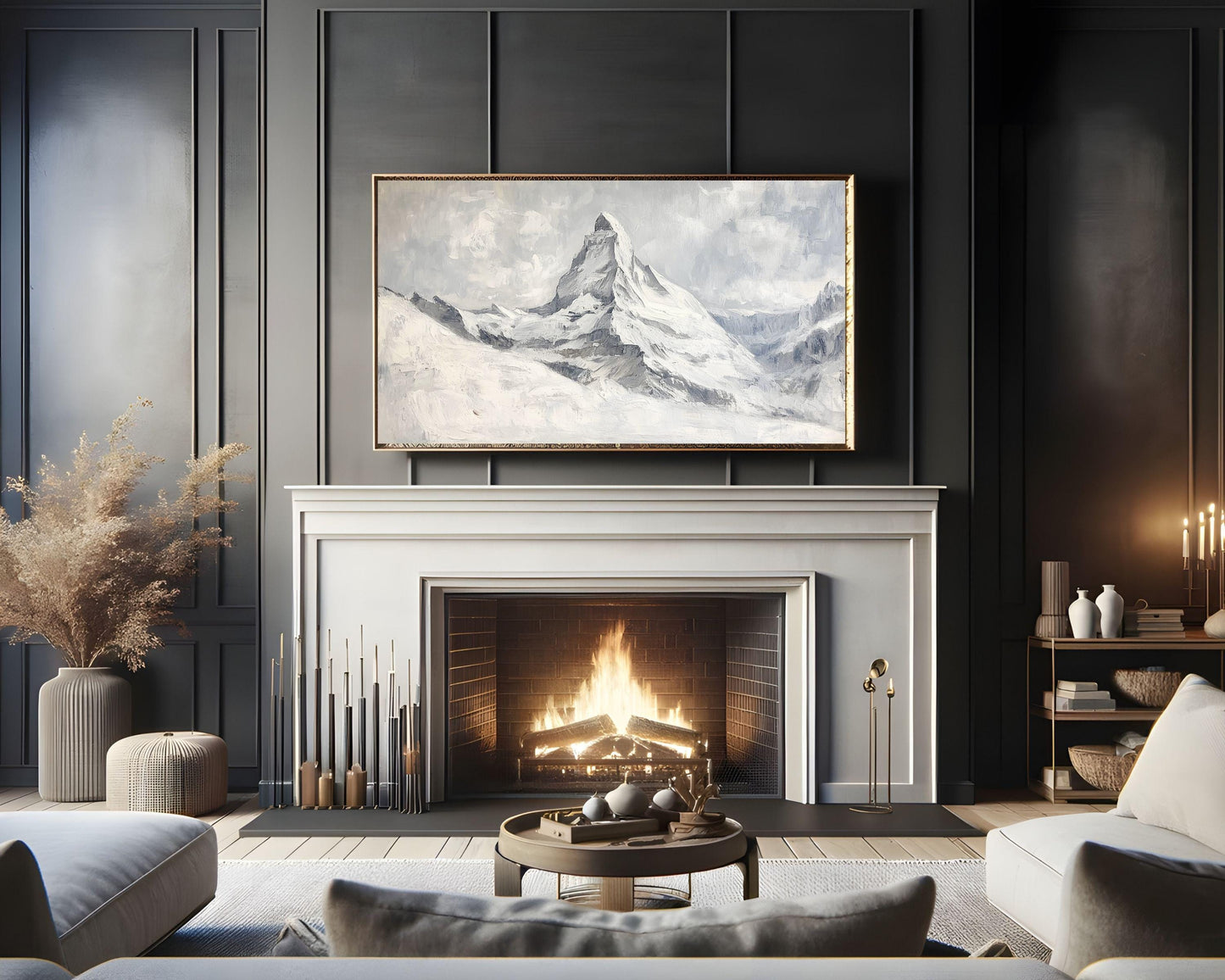 FRAME TV art Matterhorn Switzerland, Samsung Frame Tv art Winter Mountain Landscape, Textrued neutral vintage style painting white | TV526