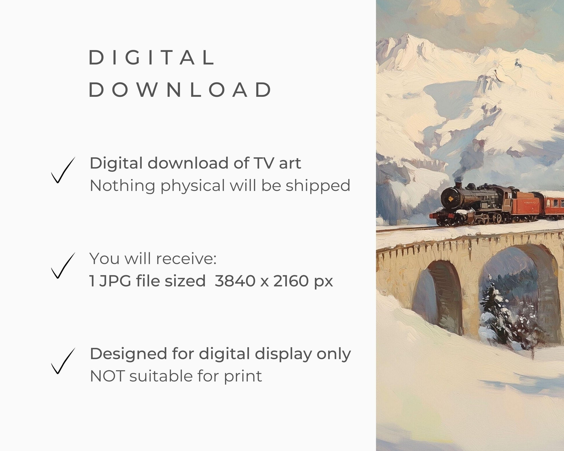 FRAME TV art Winter Train, Samsung Frame Tv art Swiss Alps Landscape, Retro vintage style holidays painting tv art screensaver | TV526