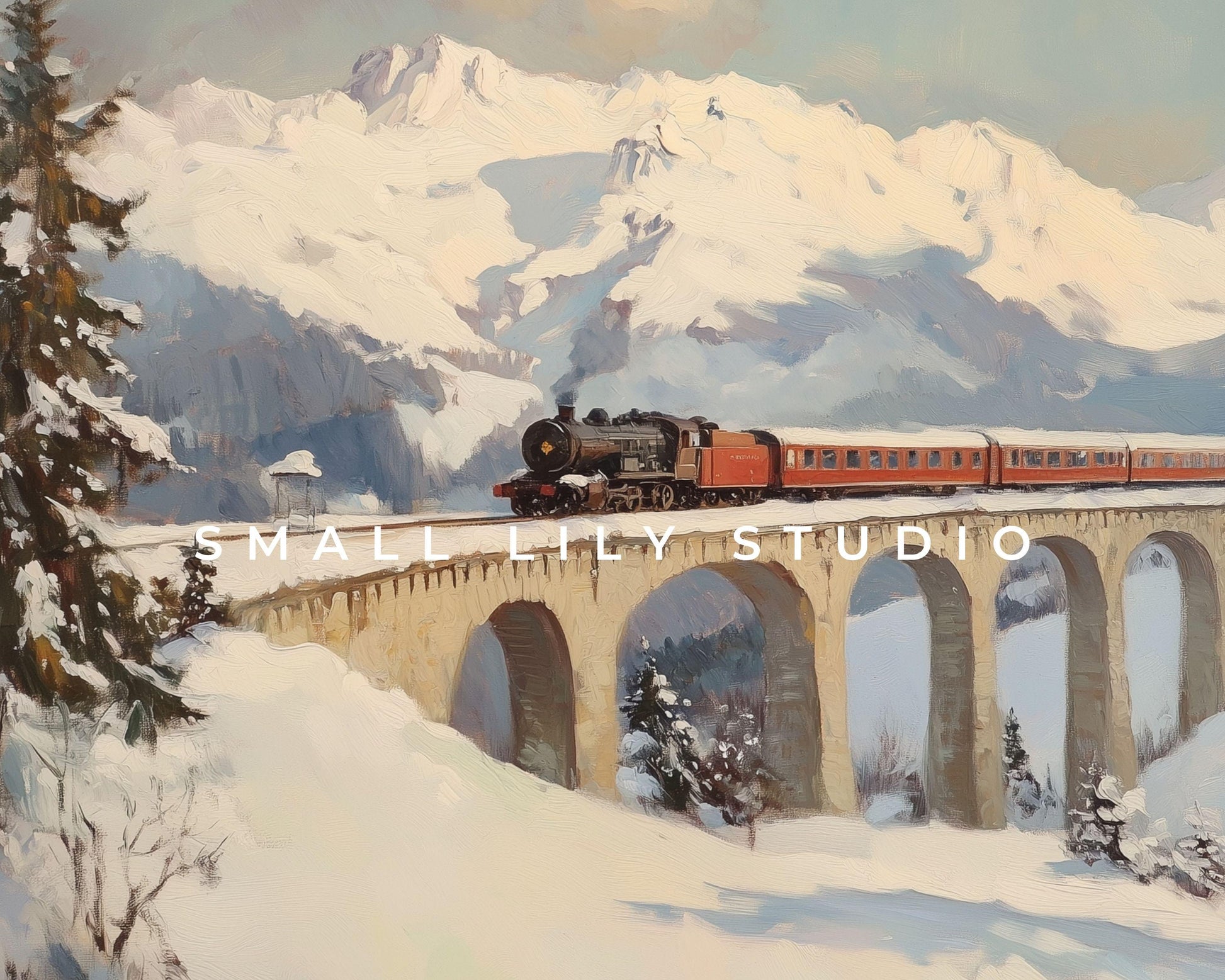 FRAME TV art Winter Train, Samsung Frame Tv art Swiss Alps Landscape, Retro vintage style holidays painting tv art screensaver | TV526