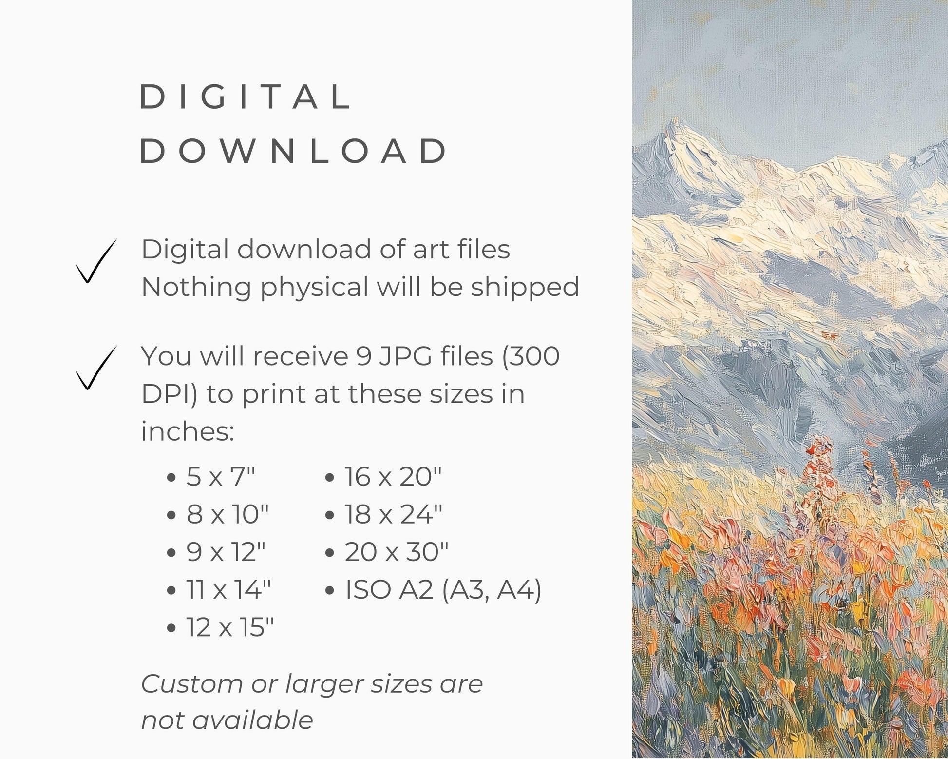 PRINTABLE Alps and Wildflowers Print, Vintage Style Winter Floral Wall Art, Textured Spring landscape painting Swiss Mountains | P097