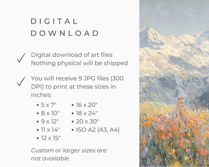 PRINTABLE Alps and Wildflowers Print, Vintage Style Winter Floral Wall Art, Textured Spring landscape painting Swiss Mountains | P097