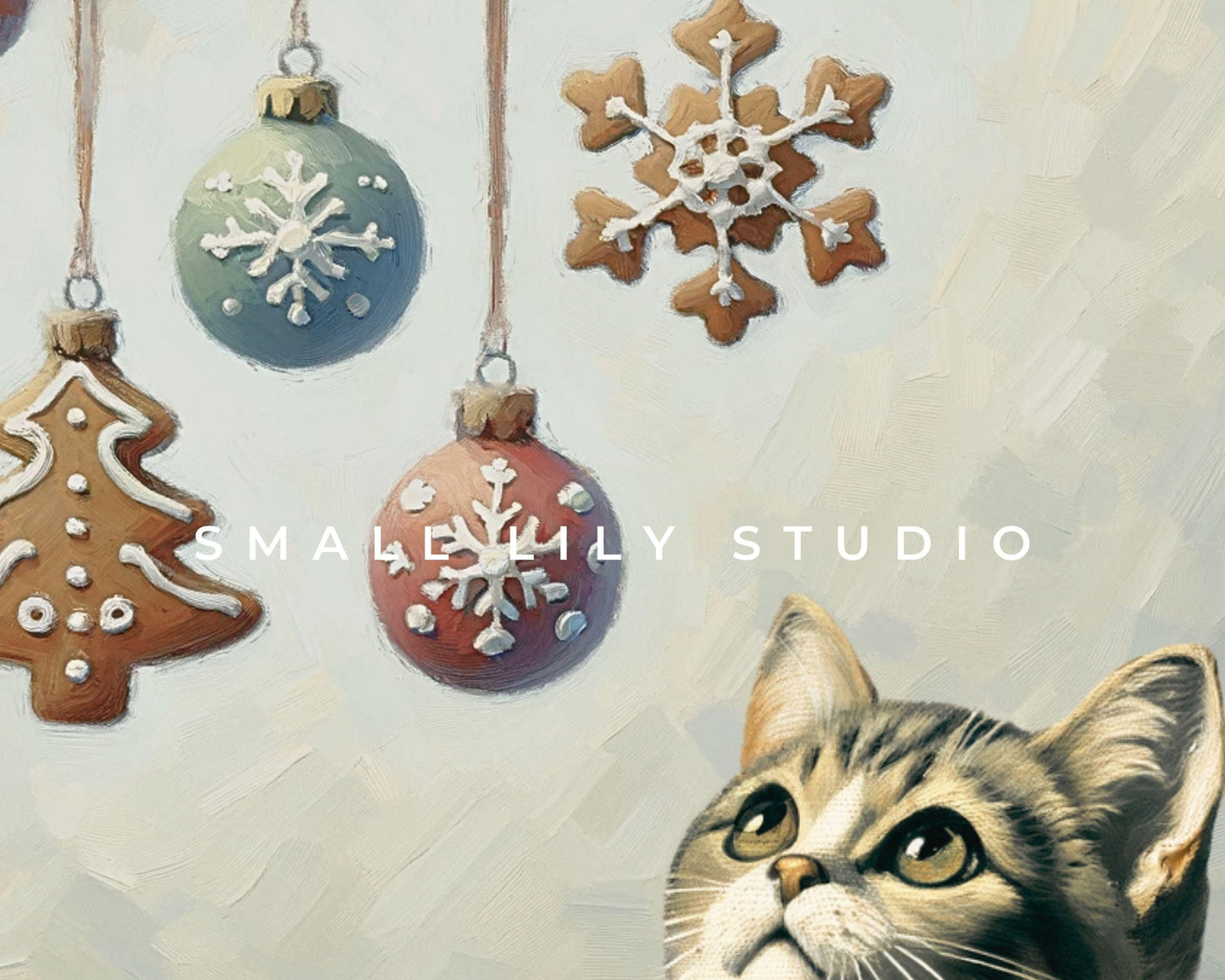 PRINTABLE Cat and Christmas Ornaments Print, Vintage Style Festive Animal Painting Printable Wall Art, Cute Kitten picture for kids | P098