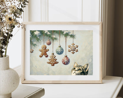 PRINTABLE Cat and Christmas Ornaments Print, Vintage Style Festive Animal Painting Printable Wall Art, Cute Kitten picture for kids | P098