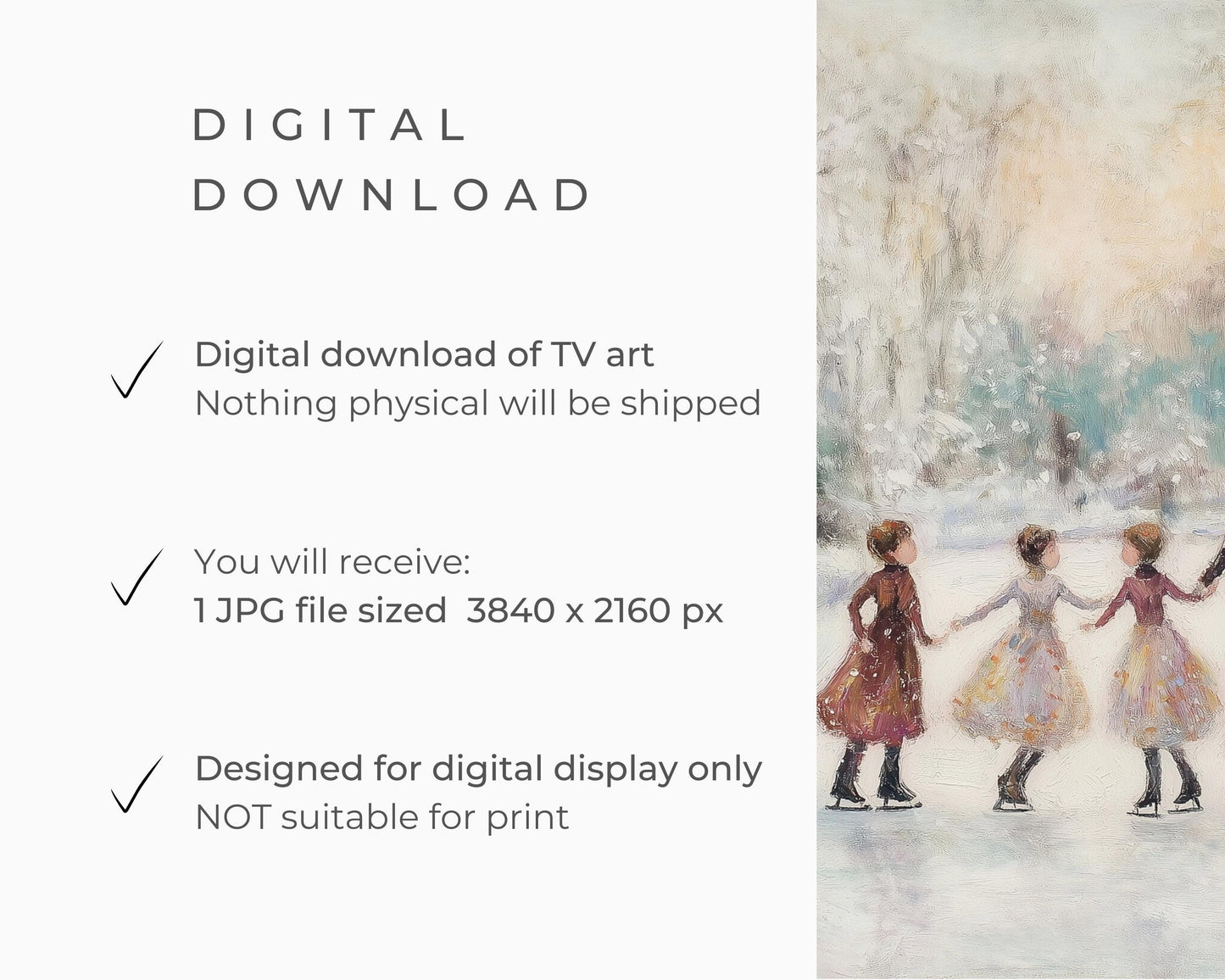 FRAME TV art Family Ice Skating in Winter Landscape, Samsung Frame tv art retro vintage style painting winter holidays fun with kids | TV453