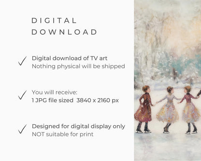 FRAME TV art Family Ice Skating in Winter Landscape, Samsung Frame tv art retro vintage style painting winter holidays fun with kids | TV453