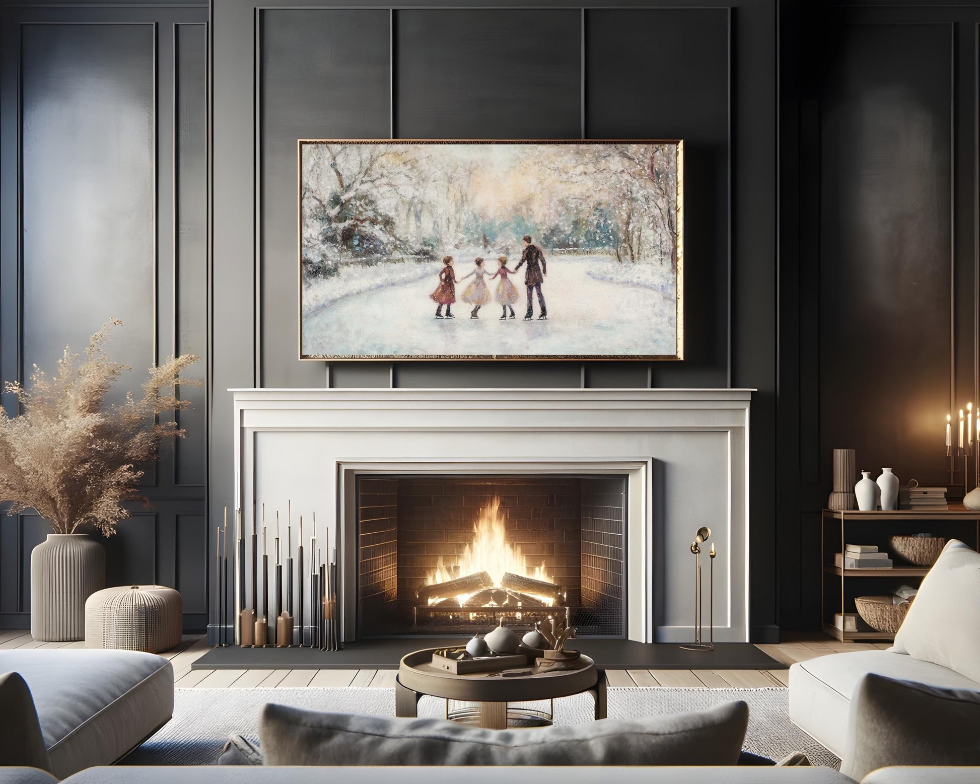 FRAME TV art Family Ice Skating in Winter Landscape, Samsung Frame tv art retro vintage style painting winter holidays fun with kids | TV453