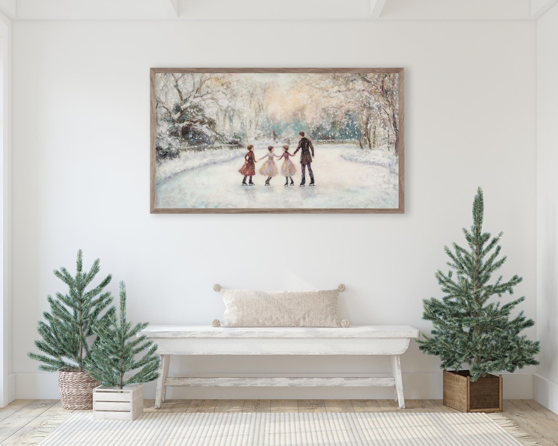 Family Ice Skating in Winter Landscape Frame TV Art